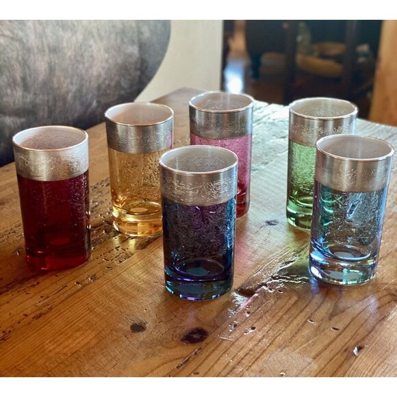 Vetri di Firenze Vtg Etched Colored Glass Etched Silver Top Rim Cordials Italian